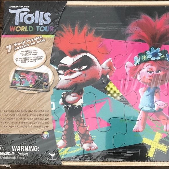 Trolls World Tour 7 Wood Puzzles in Wood Storage Box NEW - Picture 1 of 6